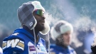Winnipeg Blue Bombers defensive lineman Willie Jefferson blows a bit of steam during a walk through in Regina, Saturday, Nov. 19, 2022. Jefferson signed a contract extension with the Blue Bombers Saturday.THE CANADIAN PRESS/Paul Chiasson