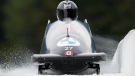 Canada's Bianca Ribi, of Calgary, Alta., comes to a stop after racing to a first-place finish during the women's monobob competition at the IBSF bobsleigh world cup event, in Whistler, B.C., on Friday, November 25, 2022. THE CANADIAN PRESS/Darryl Dyck