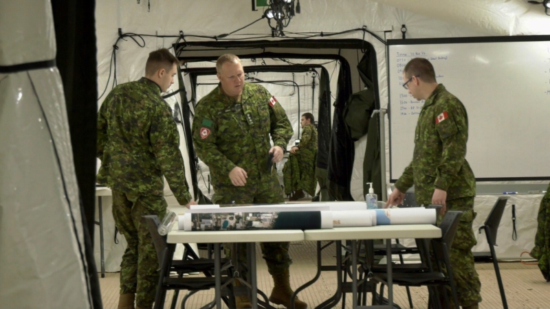 Local army reservists train for an ice storm within the headquarters shelter system in London, Ont. on Saturday, Nov. 26, 2022 (Jenn Basa/ CTV News London)
