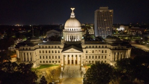 The Mississippi State Capitol is illuminated in Jackson, Miss., Thursday, Sept. 1, 2022. (AP Photo/Steve Helber) 