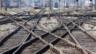 Railway trains stand in front of a train station in Vienna, Austria, Tuesday, March 24, 2020. The austrian railway restricts train traffic. (AP Photo/Ronald Zak)