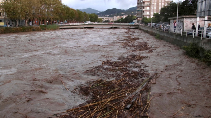A view of a river near Savona in Northern Italy, swallowed after heavy rains in the region. Heavy rain battered Liguria, the northwest region of Italy bordering France, causing flooding and mudslides on Monday in several places. (Tano Pecoraro/LaPresse via AP)