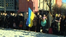 Attendees carried black flags to commemorate the Holodomor, and Ukrainian flags to show solidarity with Ukraine in the current conflict. (Source: Dan Timmerman, CTV News)