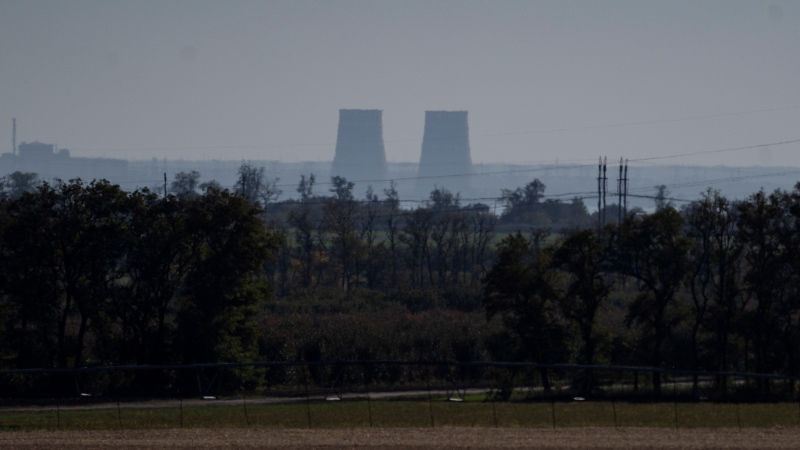 Zaporizhzhia nuclear power plant is seen from around 20 kilometres away in an area in the Dnipropetrovsk region, Ukraine, Monday, Oct. 17, 2022. (AP Photo/Leo Correa, File)