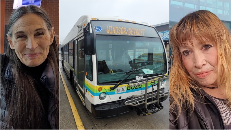 Jennifer Tymowski, left, and Kathleen Archer, right, were among the first people in Windsor to board the Tunnel Bus for its first day back on the road in more than two years. Pictured on Sunday Nov. 27, 2022. (Sanjay Maru/CTV News Windsor)