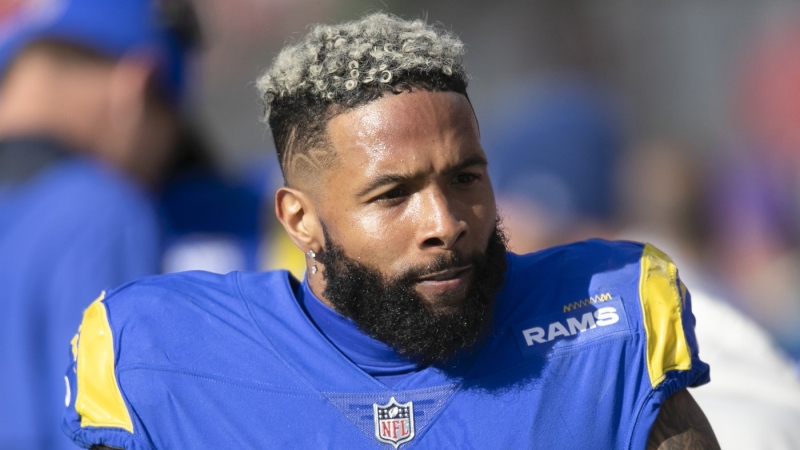 Los Angeles Rams wide receiver Odell Beckham Jr. walks on the sideline during an NFL divisional playoff football game against the Tampa Bay Buccaneers on Jan. 23, 2022, in Tampa, Fla. (AP Photo/Alex Menendez)