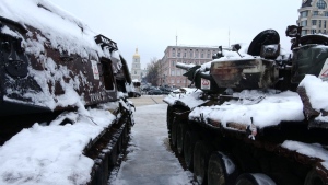 Ukrainian army war trophies in front of the Ministry of Foreign Affairs in Kyiv, Ukraine, Nov. 23, 2022. THE CANADIAN PRESS/Patrice Bergeron