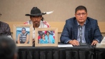 Mark Arcand, right, who's sister Bonnie Burns and nephew Gregory "Jonesy" Burns were killed during a series of violent attacks at James Smith Cree Nation and Brian "Buggy" Burns, Bonnie Burns's husband, speak to media at a press conference in Saskatoon on Wednesday, September 7, 2022.THE CANADIAN PRESS/Liam Richards