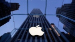 In this Sept. 5, 2014, file photo, the Apple logo hangs in the glass box entrance to the company's Fifth Avenue store in New York. (AP Photo/Mark Lennihan, File)
