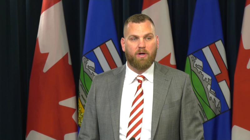 Joseph Schow, Alberta government house leader, speaks to media about the Fourth Session of the 30th Legislature the day before it starts on Nov. 29, 2022. 