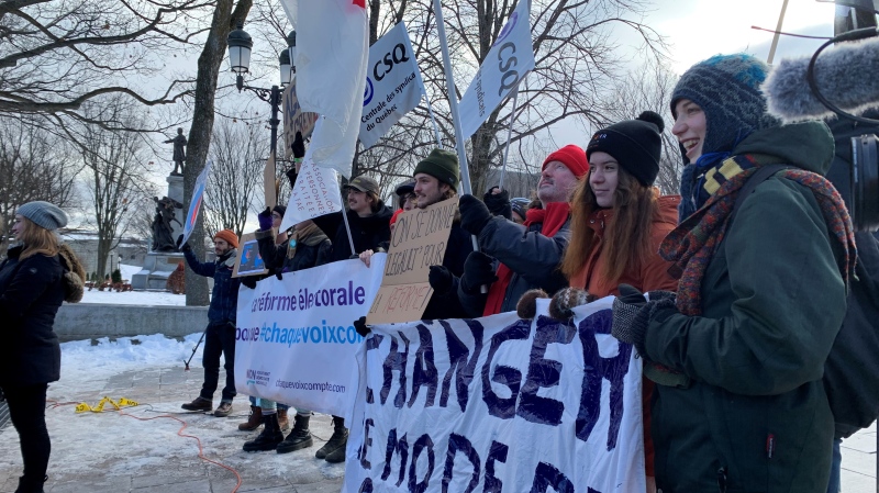 Two protests marked the opening day of Quebec's parliamentary session with groups calling for a change to the voting system and the elimination of the King's oath requirement for MNAs. (Angela MacKenzie/CTV News)
