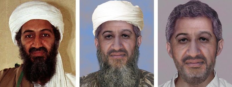 A composite image shows Osama bin-Laden in April 1998, left, and two digitally enhanced and aged images released Thursday, Jan. 14, 2010 on the U.S. Department of State's web site rewardsforjustice.net showing what bin-Laden could look like today with a full beard and with his hair trimmed. (AP Photo/U.S. Department of State)