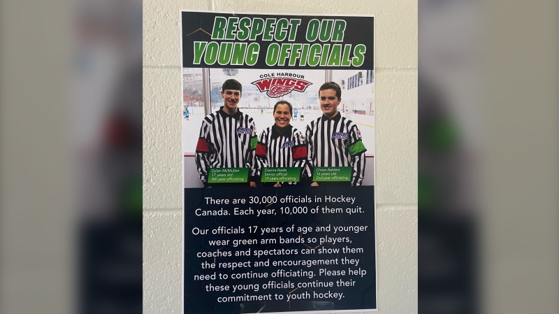 A new program launched by Hockey Nova Scotia features a green armband to signal to fans and coaches that some of the on-ice officials are only children. (Paul Hollingsworth/CTV)
