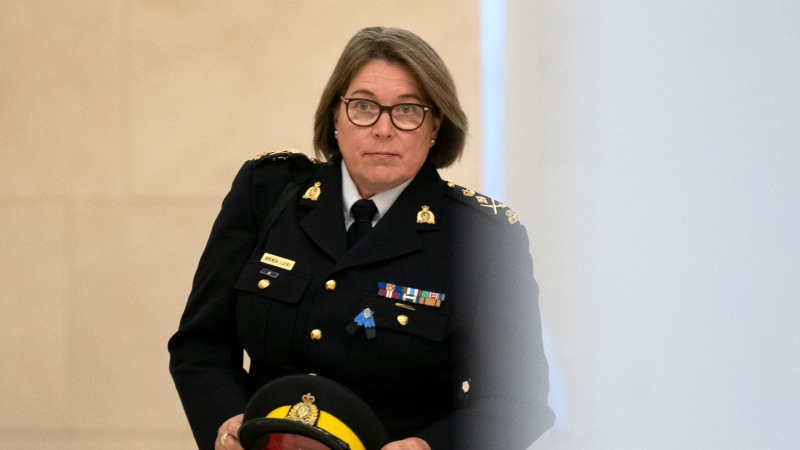 RCMP Commissioner Brenda Lucki makes her way to the Standing Committee on Public Safety and National Security, in Ottawa, Monday, Oct. 31, 2022. THE CANADIAN PRESS/Adrian Wyld 