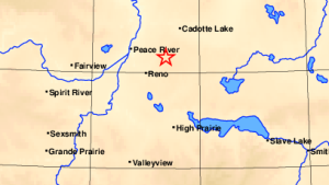 An approximate location of two earthquakes reported in northern Alberta on November 29, 2022 (Source: Earthquakes Canada.)