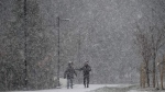 Heavy snow falls as pedestrians walk through Central Park in Burnaby, B.C., on Tuesday, November 29, 2022. Snowfall, winter storm and arctic outflow warnings are in effect for most of British Columbia as a powerful storm packing frigid winds move through the province. THE CANADIAN PRESS/Darryl Dyck
