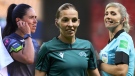 Stephanie Frappart, Neuza Back and Karen Diaz will become the first all-women refereeing team for a men's World Cup match. (Photo by Alfredo Lopez/Jam Media/Fadi El Assaad - FIFA/Jose Manuel Alvarez/Quality Sport Images/Getty Images)