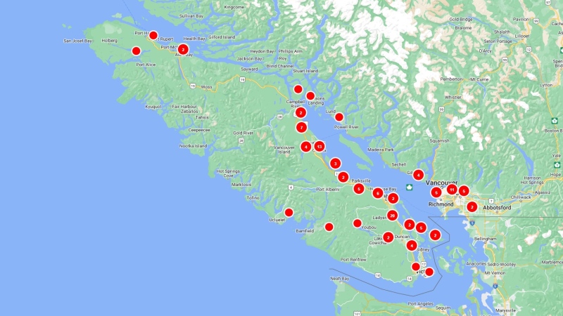 The BC Hydro power outage map is shown on Nov. 30, 2022, around 9:30 a.m. (BC Hydro)