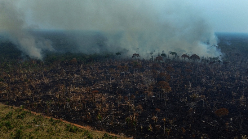 Smoke rises from a forest fire in the Transamazonica highway region, in the municipality of Labrea, Amazonas state, Brazil, Sept. 17, 2022. Deforestation in the Brazilian Amazon slowed slightly last year, a year after a 15-year high, according to closely watched numbers published Wednesday, Nov. 30. (AP Photo/Edmar Barros, File)