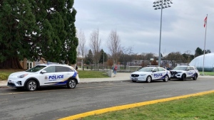 Police respond to Oak Bay High School near Victoria after a threat was made against the school on Wednesday, Nov. 30, 2022. (CTV News)