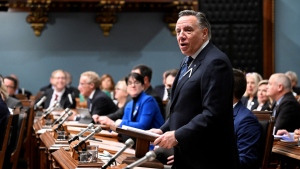 Quebec Premier Francois Legault present the inaugural speech, at the legislature in Quebec City, Wednesday, Nov. 30, 2022. THE CANADIAN PRESS/Jacques Boissinot