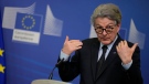 European Commissioner for Internal Market Thierry Breton speaks during a signature ceremony regarding the Chips Act at EU headquarters in Brussels, on Feb. 8, 2022.. (AP Photo/Virginia Mayo, File)