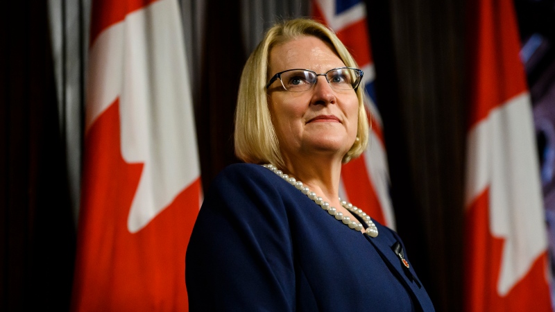 Ontario Health Minister Sylvia Jones speaks with media at Queen’s Park in Toronto, on Wednesday, September 14, 2022. THE CANADIAN PRESS/Christopher Katsarov