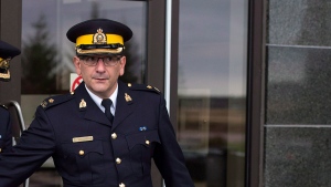 Retired RCMP Insp. Costa Dimopoulos leaves the Moncton Law Courts on Monday, October 27, 2014. (THE CANADIAN PRESS/Andrew Vaughan) 