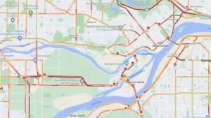 A screenshot from Google Maps shows the traffic congestion and delays during a snowstorm on Tuesday, Nov. 29, 2022. 