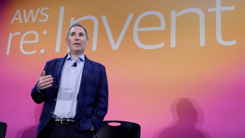 AWS CEO Andy Jassy discusses a new initiative with the NFL during AWS re:Invent 2019 in Las Vegas, on Dec. 5, 2019. Amazon CEO Jassy said Wednesday, Nov. 30, 2022, that the company does not have plans to stop selling the antisemitic film that gained notoriety recently after Brooklyn Nets guard Kyrie Irving tweeted out an Amazon link to it. (Isaac Brekken/AP Images for NFL, File)