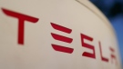 The logo for a Tesla Supercharger station in Buford, Ga, on April 22, 2021.. (Chris Carlson / AP)