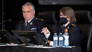 RCMP Deputy Commissioner Mike Duheme looks on as Commissioner Brenda Lucki responds to a question as they appear as witnesses at the Public Order Emergency Commission, Tuesday, November 15, 2022 in Ottawa. THE CANADIAN PRESS/Adrian Wyld