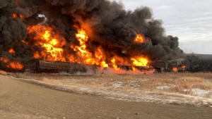 A train derailed and caught on fire near Macoun, Sask. on Dec. 1, 2022. (Courtesy: Amber Mantei)