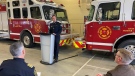 Regina Fire Chief Layne Jackson speaks at the podium at a news conference at Regina Fire Station #4. (Gareth Dillistone / CTV News)