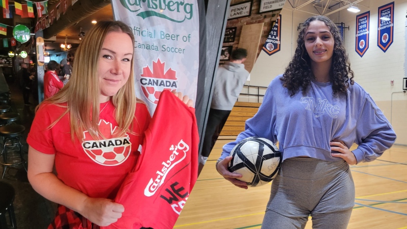 Natalie Fantinic, left, and Aaliyah Faddoul say Canada's men's national soccer team has inspired young people across the country to pursue soccer, despite the team going winless in its first World Cup appearance in 36 years pictured in Windsor, Ont. on Thursday, Dec. 1, 2022. (Sanjay Maru/CTV News Windsor)