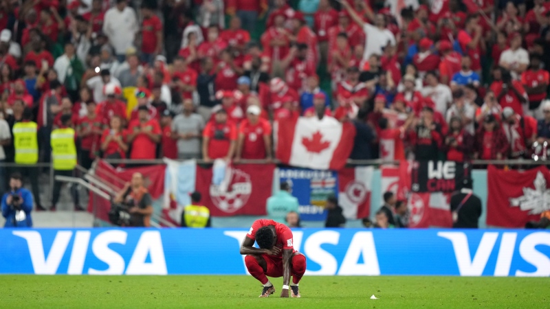 Canada forward Alphonso Davies (19) reacts after a loss to Morocco in group F World Cup soccer action at the Al Thumama Stadium in Doha, Qatar on Thursday, December 1, 2022. THE CANADIAN PRESS/Nathan Denette 