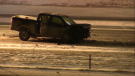 Damaged pickup truck after a fatal head-on crash on Deerfoot Trail in the early morning hours of Dec. 2.