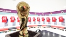 The FIFA World Cup Trophy is seen in the dressing room of Costa Rica prior to the FIFA World Cup Qatar 2022 Group E match between Japan and Costa Rica at Ahmad Bin Ali Stadium on Nov. 27, 2022 in Doha, Qatar. (Photo by Hector Vivas - FIFA/FIFA via Getty Images)