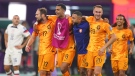 Daly Blind, left, Cody Gakpo, Memphis Depay and Teun Koopmeiners of Netherlands celebrate after winning the FIFA World Cup Qatar 2022 Round of 16 match between Netherlands and USA at Khalifa International Stadium on Dec. 03, 2022 in Doha, Qatar. (Photo by Stefan Matzke - sampics/Corbis via Getty Images)