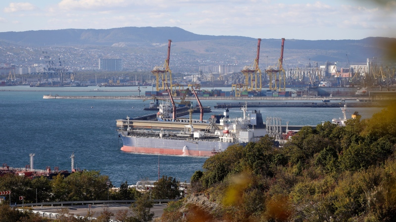 An oil tanker is moored at the Sheskharis complex, part of Chernomortransneft JSC, a subsidiary of Transneft PJSC, in Novorossiysk, Russia, Tuesday, Oct. 11, 2022, one of the largest facilities for oil and petroleum products in southern Russia. (AP Photo, File)