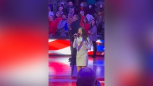 Kyra Daniel performs the American and Canadian national anthems ahead of the Toronto Raptors game on Nov. 16, 2022. (Photo credit Johnathan Daniel)