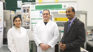(L TO R) Doctoral students Tahreh Najib and Mehdi Foroushani with USask researcher Venkatesh Meda in their lab.(John Flatters/CTV News)