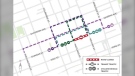 A map depicts a section of Dundas Street that will be closed from Dec. 5 to Dec.16, and alternative routes for drivers, transit users and cyclists. (Source: City of London)