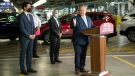 Ontario Premier Doug Ford stands at the podium as he makes an announcement alongside Prime Minister Justin Trudeau, at a Honda plant in Alliston, Ont., on Wednesday, March 16, 2022. (THE CANADIAN PRESS/Chris Young)