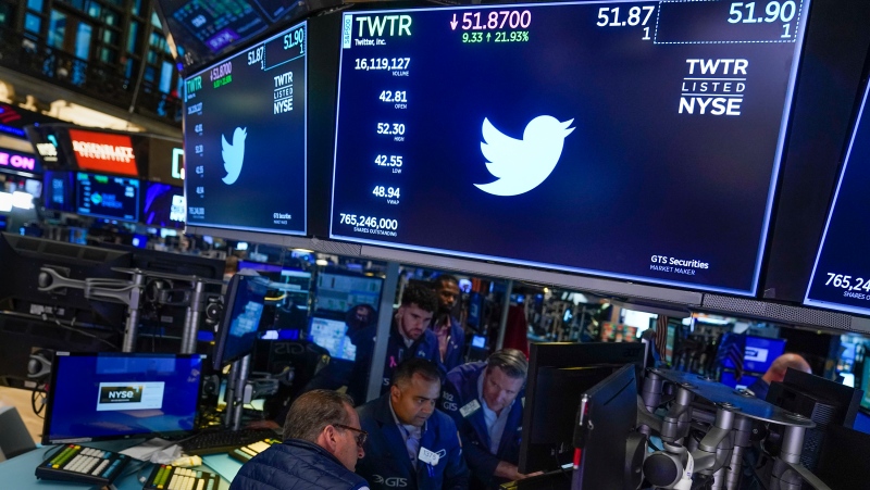 Traders gather around a post as Twitter shares resume trading on the floor at the New York Stock Exchange in New York, on Oct. 4, 2022. (AP Photo/Seth Wenig, File)