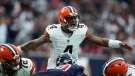 Cleveland Browns quarterback Deshaun Watson (4) calls a play at the line during the first half of an NFL football game between the Cleveland Browns and Houston Texans in Houston, Sunday, Dec. 4, 2022,. (AP Photo/Eric Christian Smith)