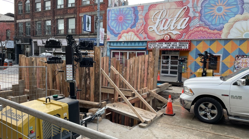 Repair work underway on Dundas Street between Brock and Sheridan Avenues (CTV News Toronto/ Phil Tsekouras). 