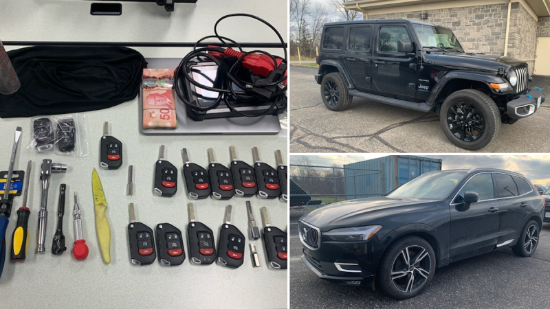 OPP say four people stopped for a traffic violation on Highway 401 on Dec. 4, 2022, were later charged with several offences related to vehicle thefts. One of the vehicles they were in had been reported stolen. (Ontario Provincial Police/handout)