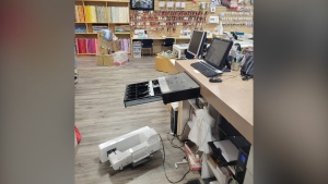 A photo posted to Facebook by Linda's Quilt Shoppe in Kelwona shows the aftermath of a reported break-in.  