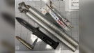 A TSA spokesman tweeted an image of the the weapons -- three saw blades, nunchucks, a switchblade and a knife that folds into a bullet-shaped sheath. (TSA)